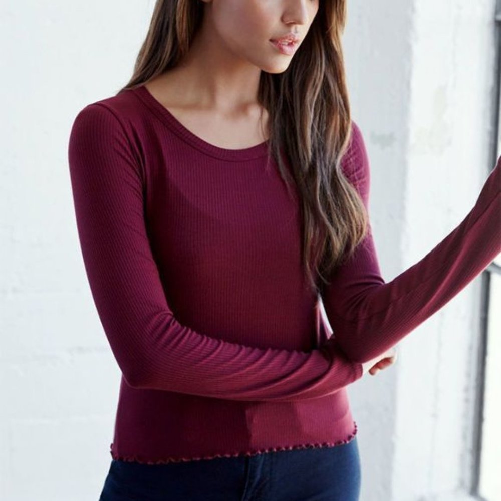 PacSun Maroon Ribbed Lettuce Long Sleeved Top